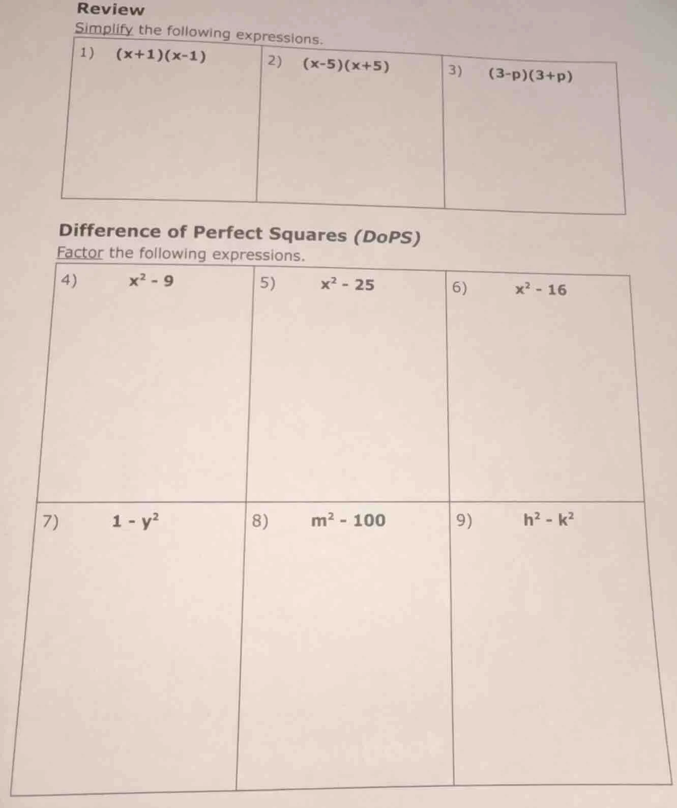 review simplify the following expressions. 1) (x+1)(x-1) 2) (x-5)(x+5) …