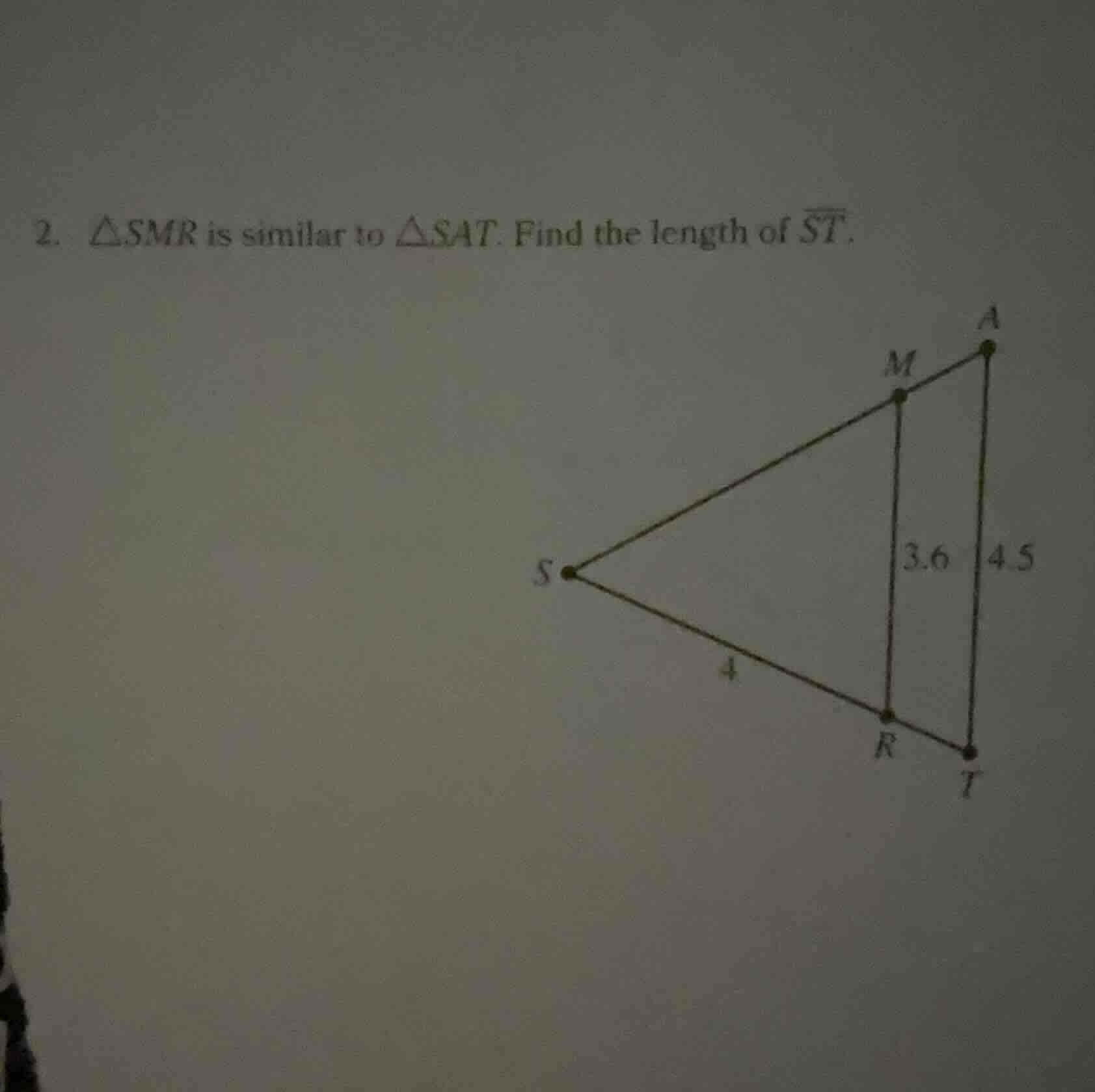 2. △smr is similar to △sat. find the length of \\(\\overline{st}\\).