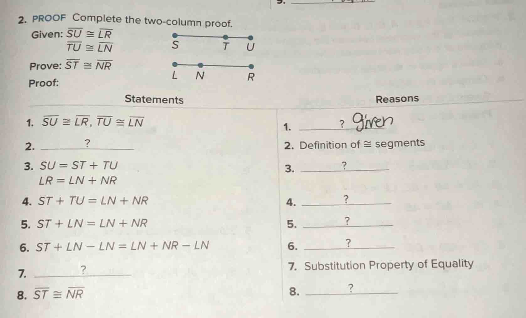 2. proof complete the two - column proof. given: $overline{su} \\cong \…
