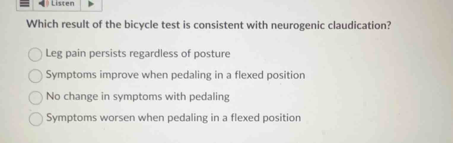 which result of the bicycle test is consistent with neurogenic claudica…