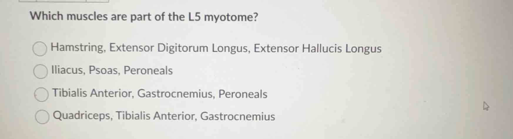 which muscles are part of the l5 myotome? hamstring, extensor digitorum…