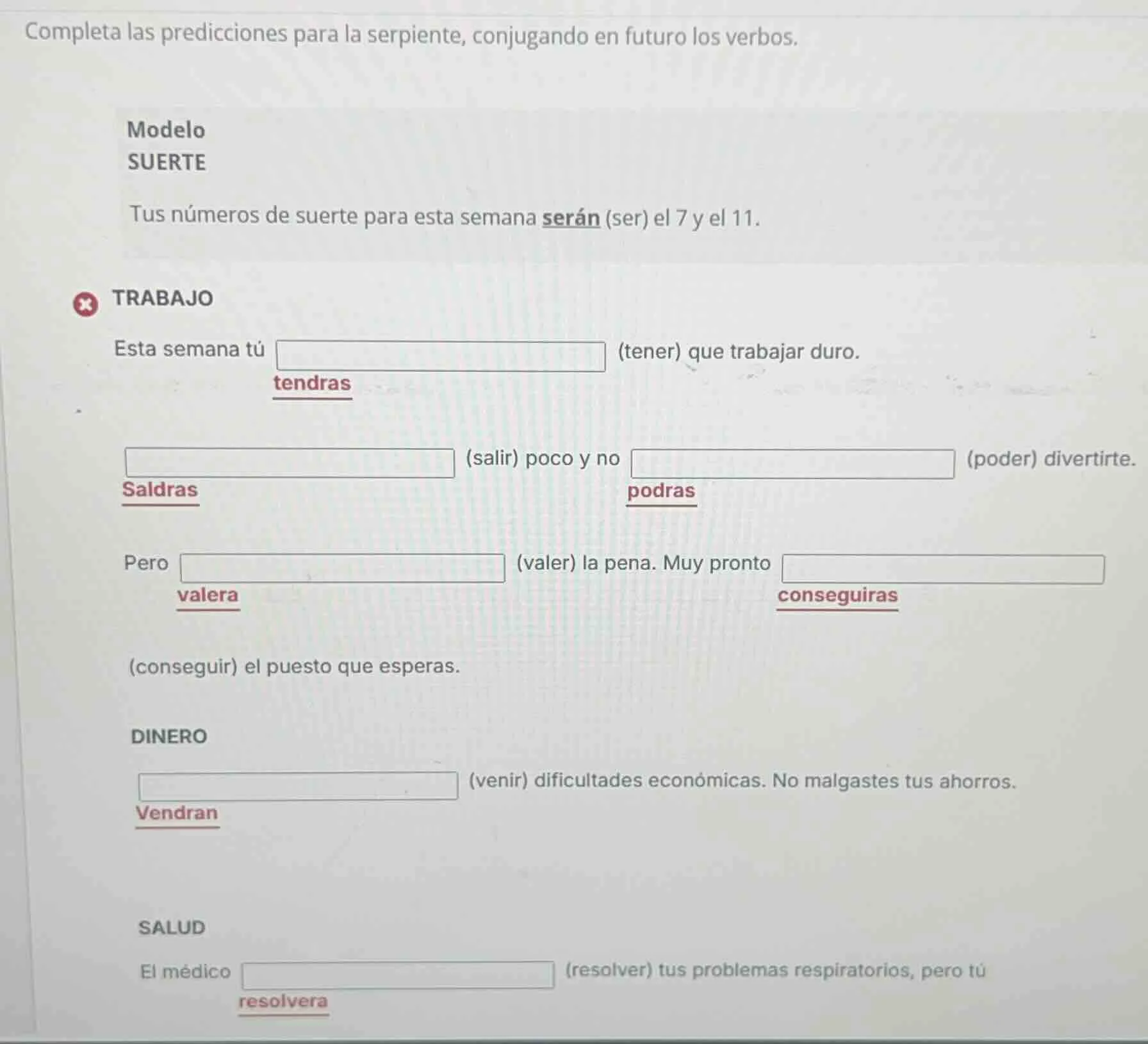 completa las predicciones para la serpiente, conjugando en futuro los v…