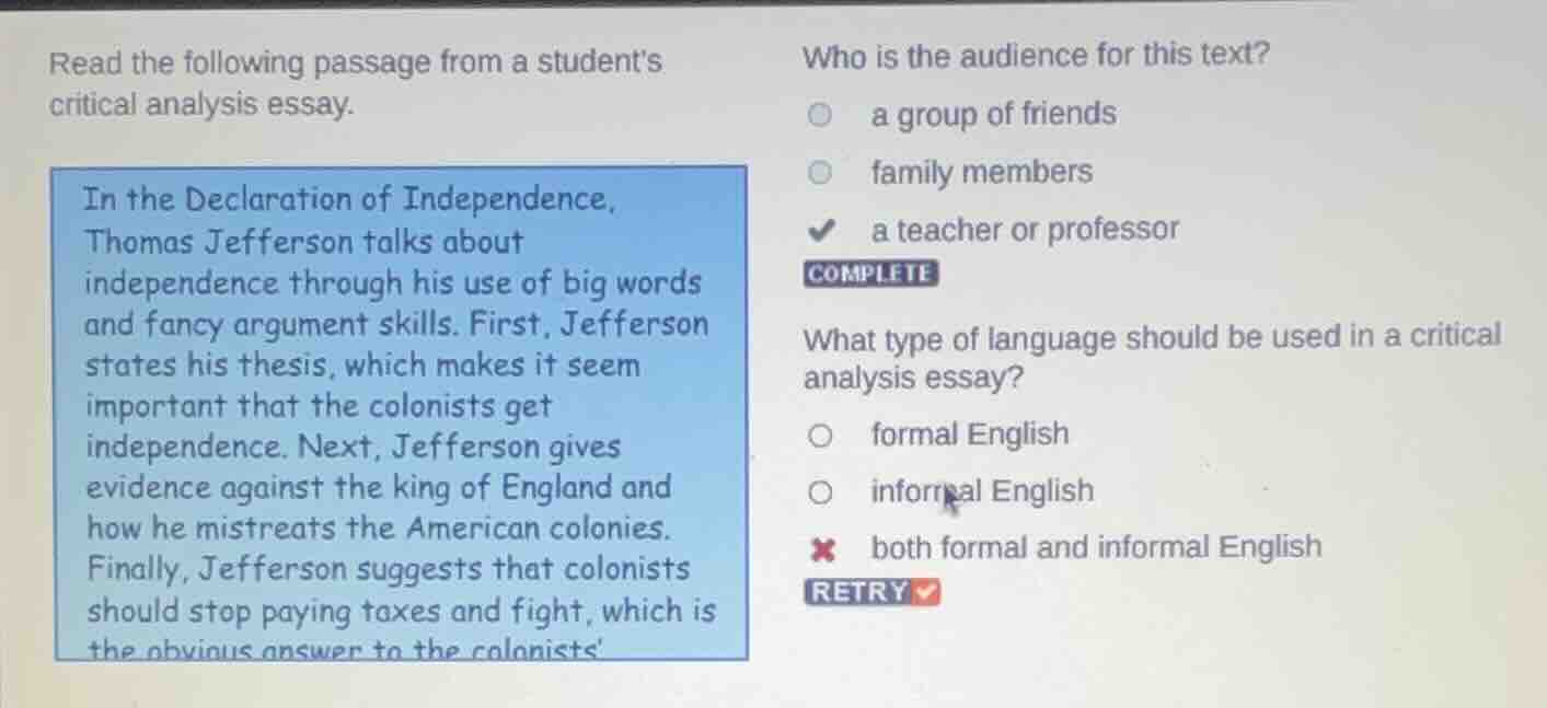 read the following passage from a students critical analysis essay. in …