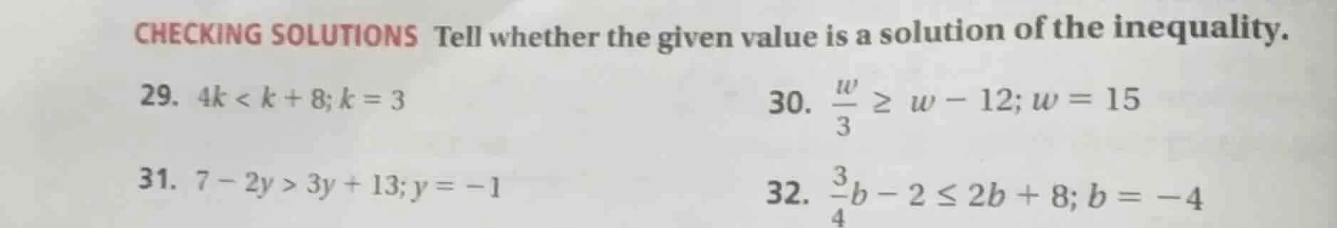 checking solutions tell whether the given value is a solution of the in…