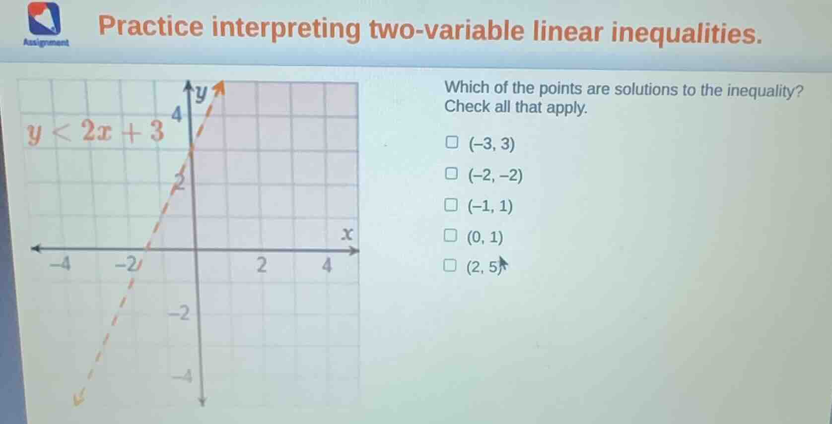practice interpreting two - variable linear inequalities. the inequalit…