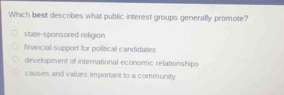 which best describes what public interest groups generally promote? sta…