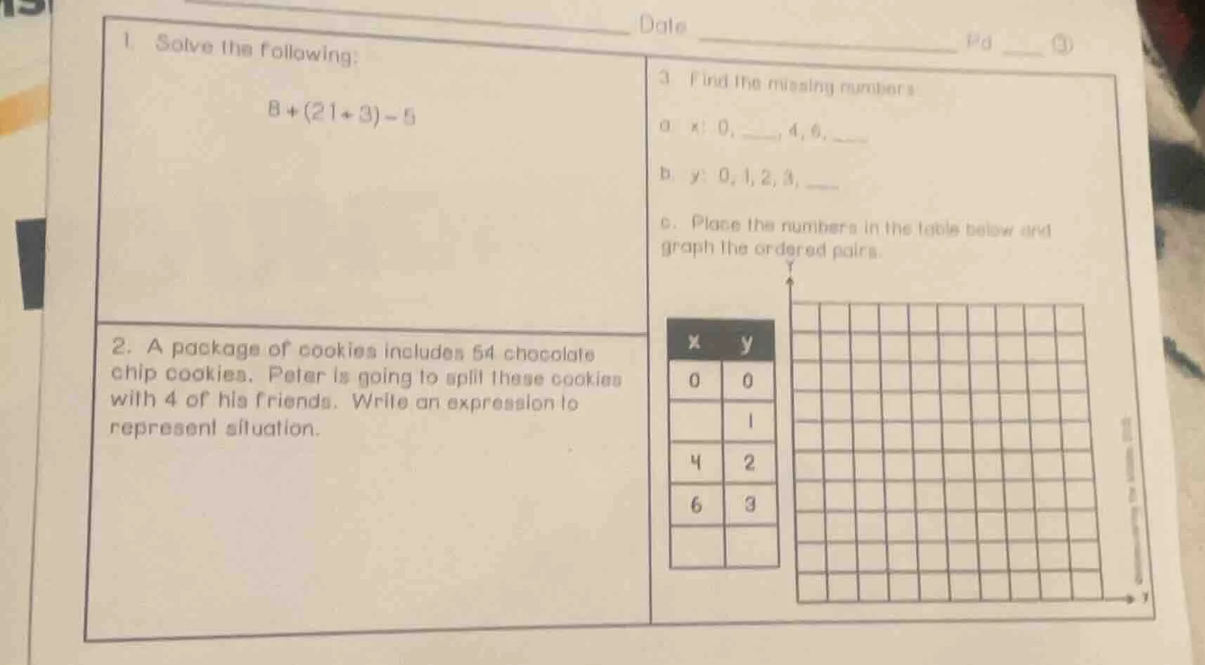 1. solve the following: $8 + (21 + 3) - 5$ 2. a package of cookies incl…