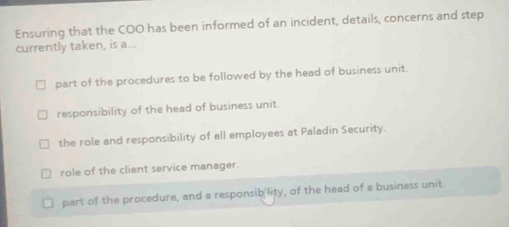 ensuring that the coo has been informed of an incident, details, concer…