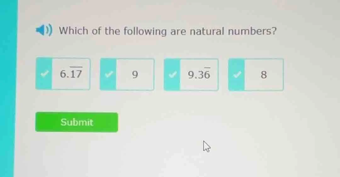 which of the following are natural numbers? 6.17 (with a repeating bar …