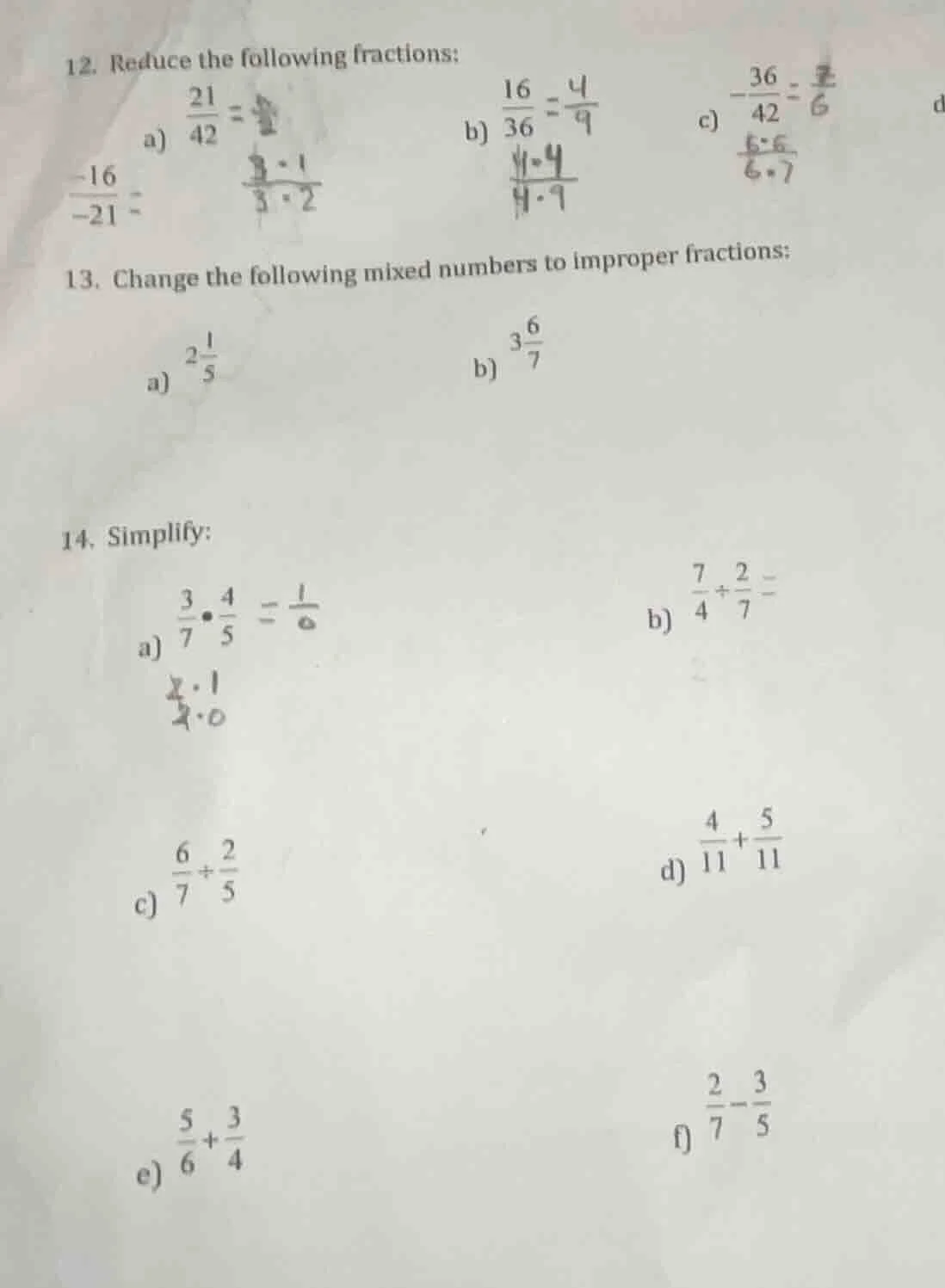 12. reduce the following fractions: a) \\(\\frac{21}{42}\\) b) \\(\\fra…