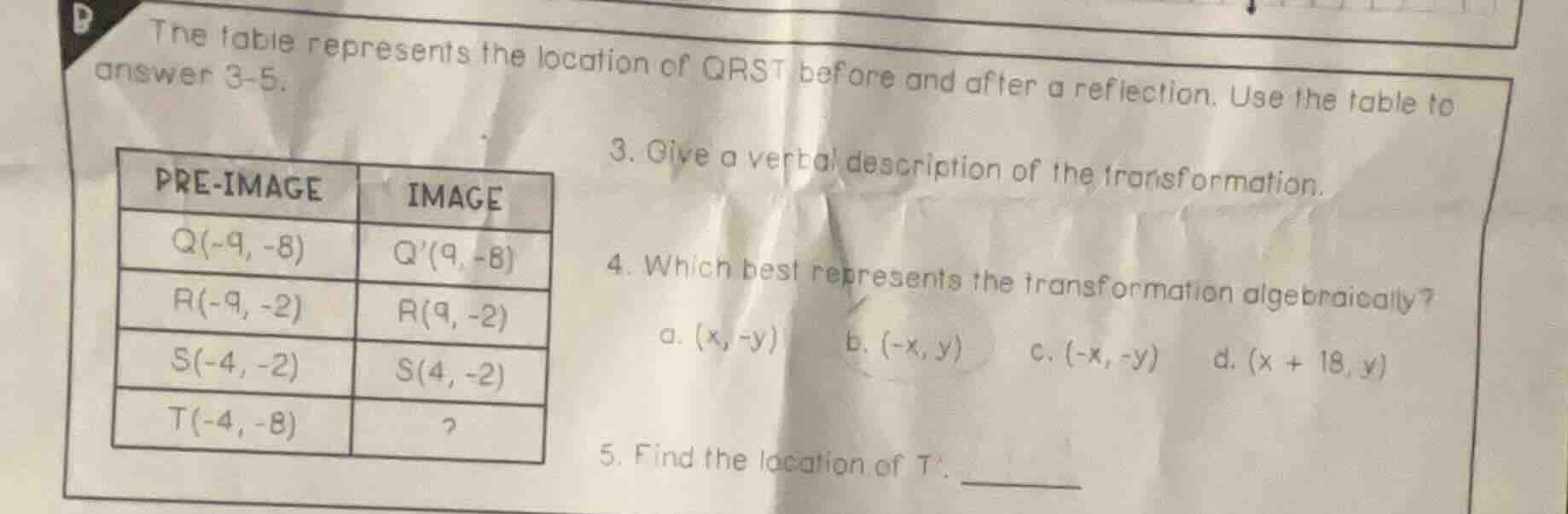 the table represents the location of qrst before and after a reflection…