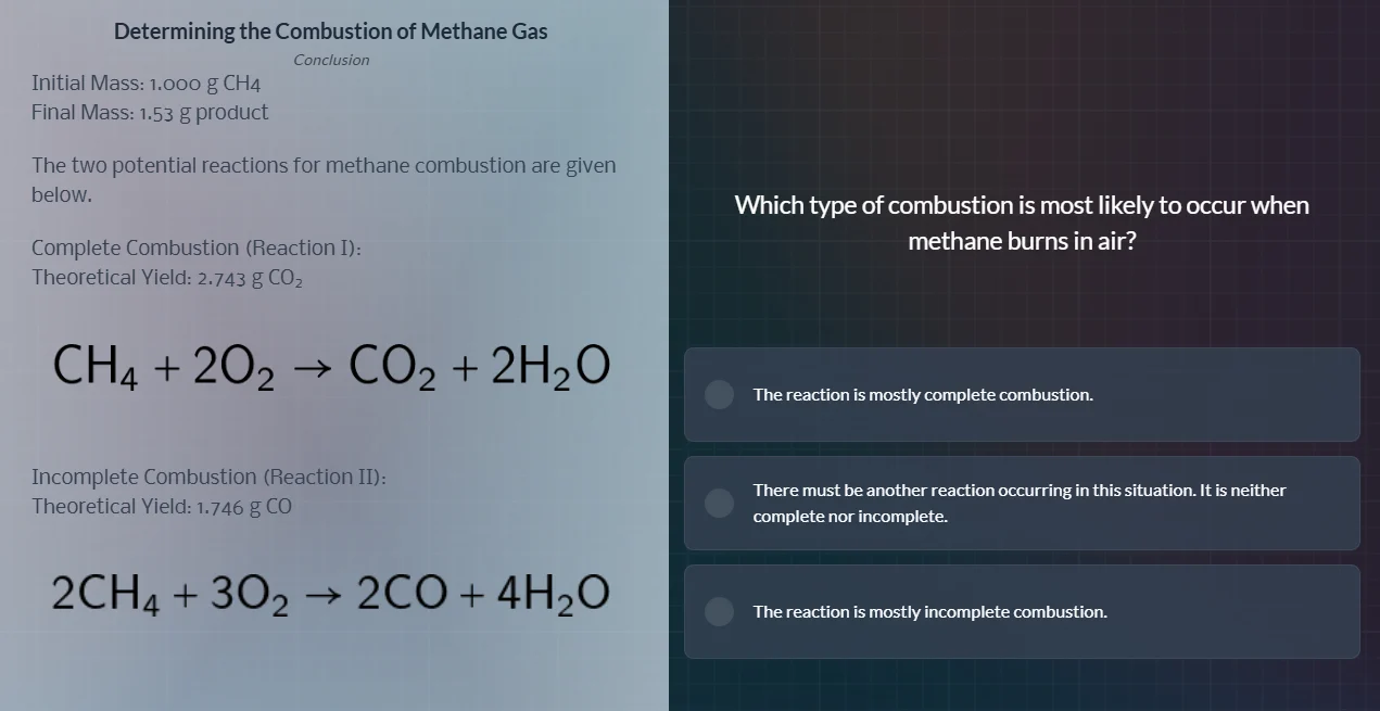 determining the combustion of methane gas conclusion initial mass: 1.00…