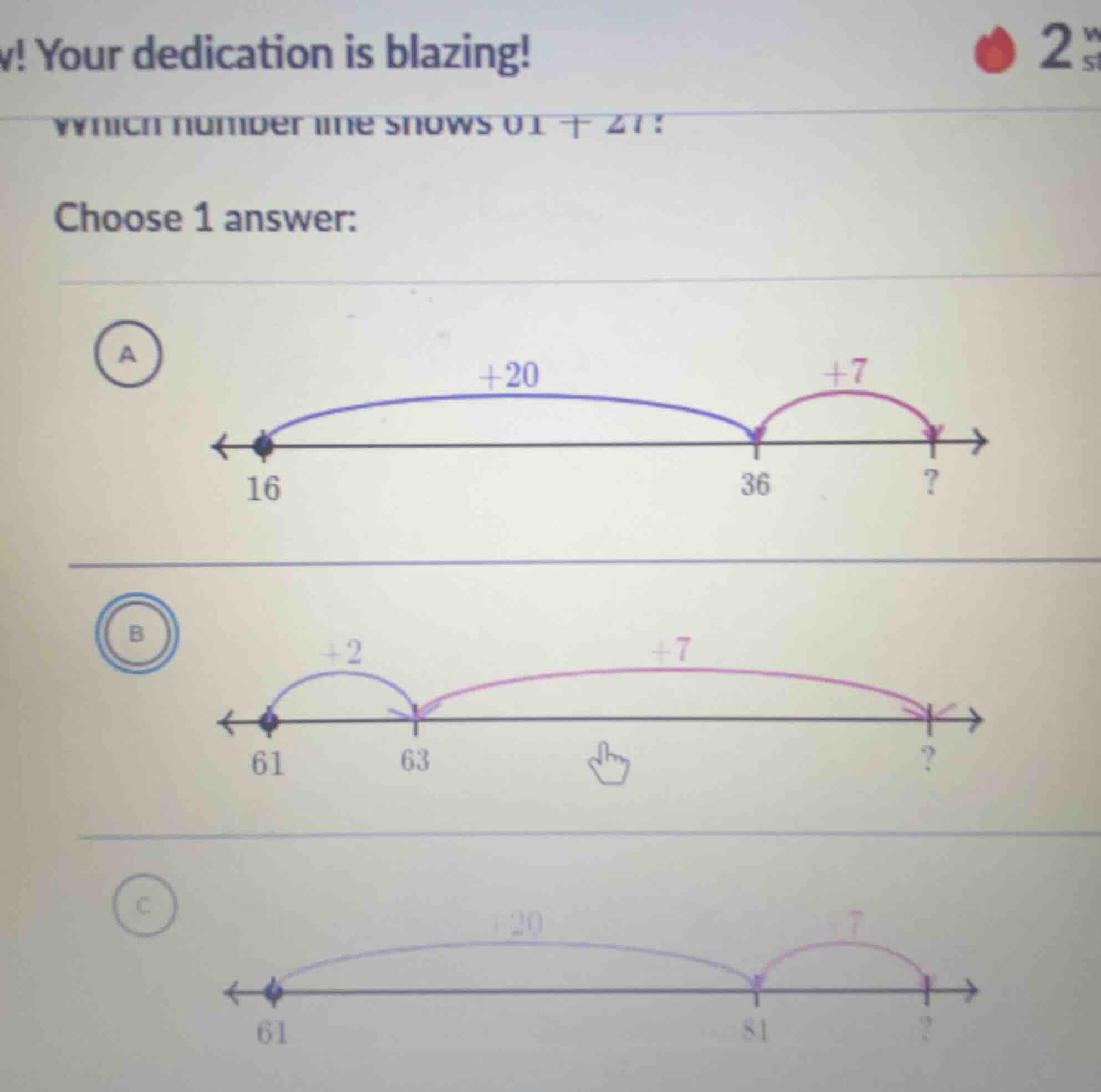 which number line shows 61 + 27? choose 1 answer: a: number line with 1…