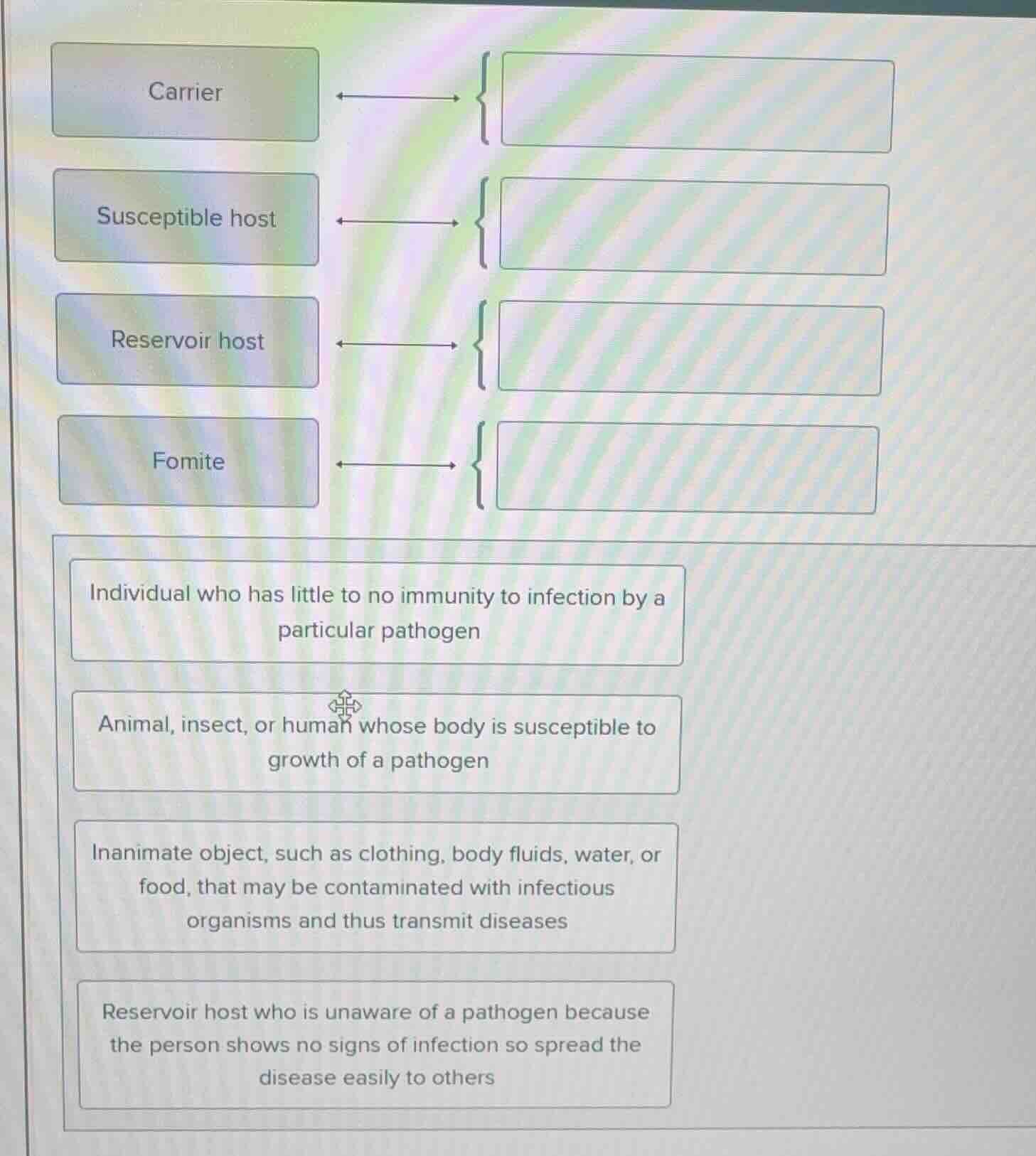 carrier ↔ { } susceptible host ↔ { } reservoir host ↔ { } fomite ↔ { } …