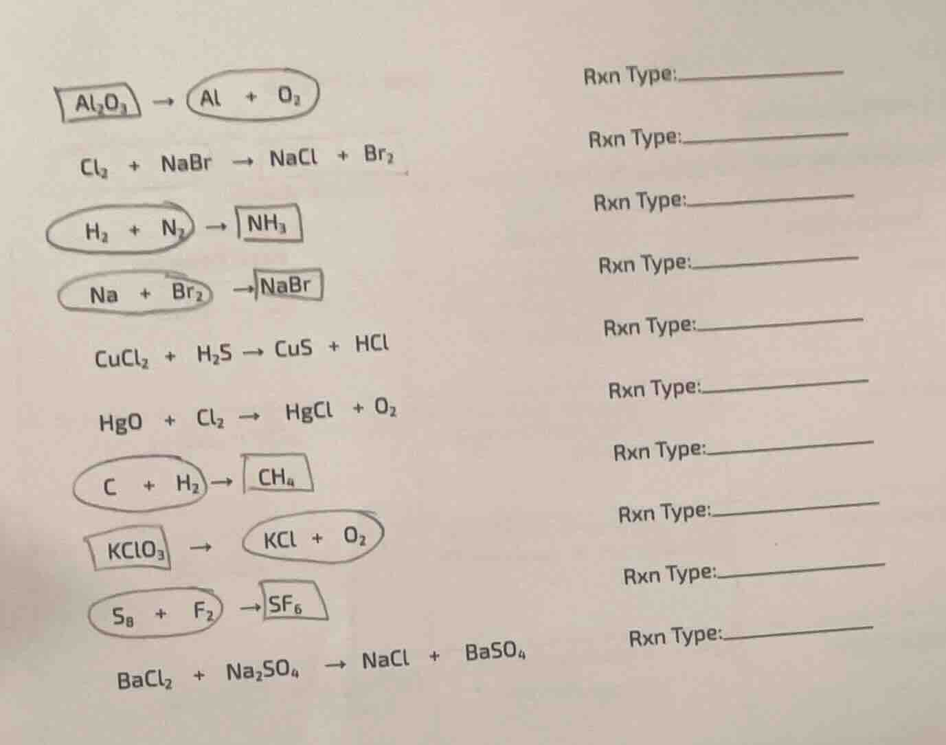 al₂o₃ → al + o₂ cl₂ + nabr → nacl + br₂ h₂ + n₂ → nh₃ na + br₂ → nabr c…