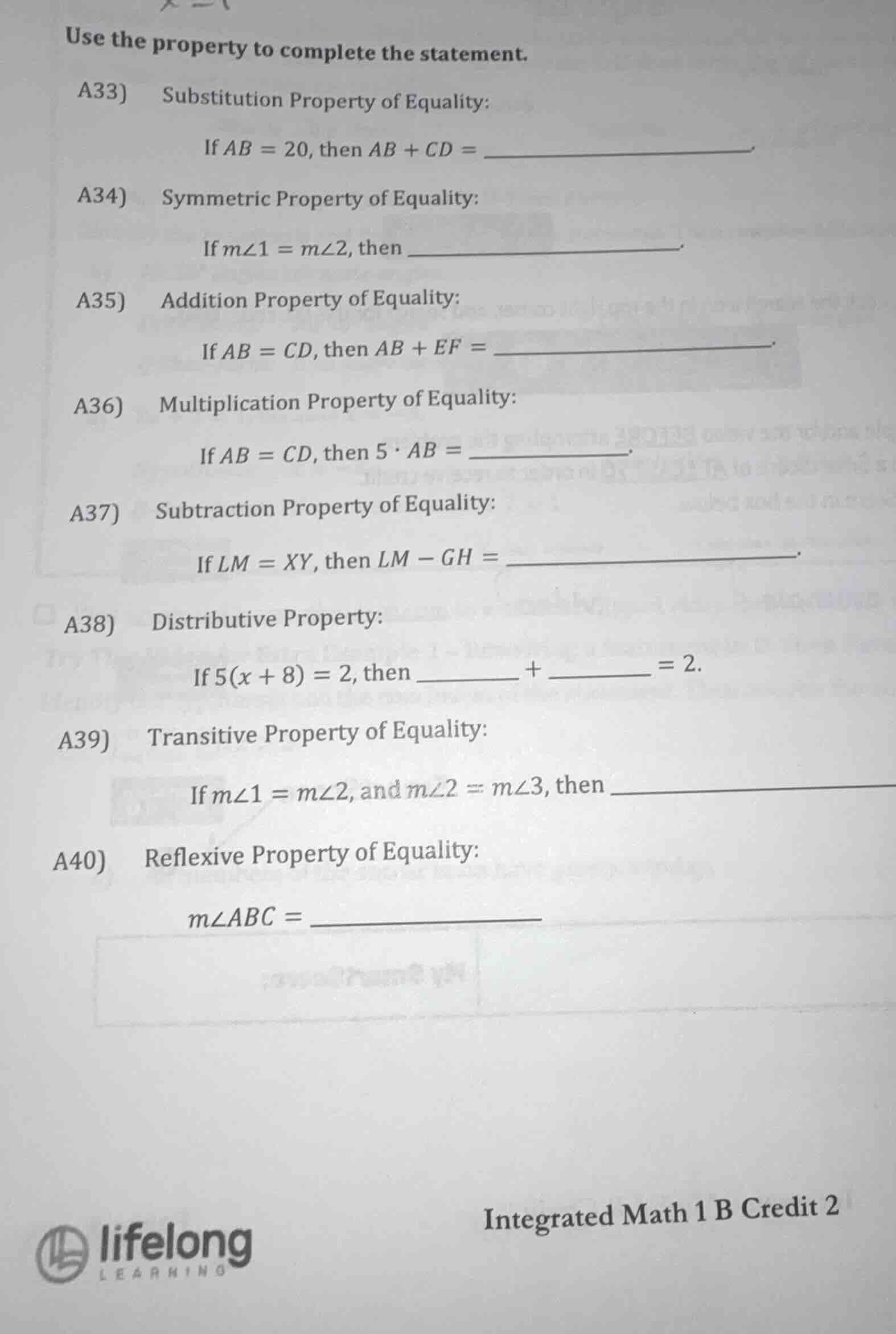 use the property to complete the statement. a33) substitution property …