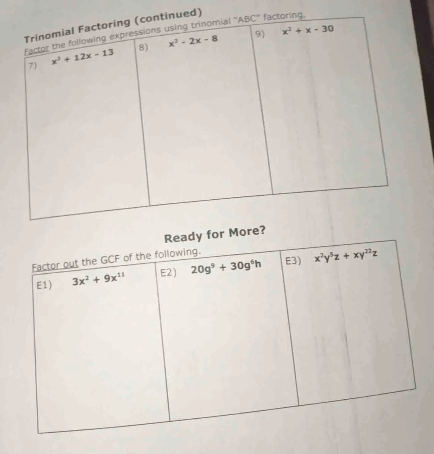 trinomial factoring (continued) factor the following expressions using …