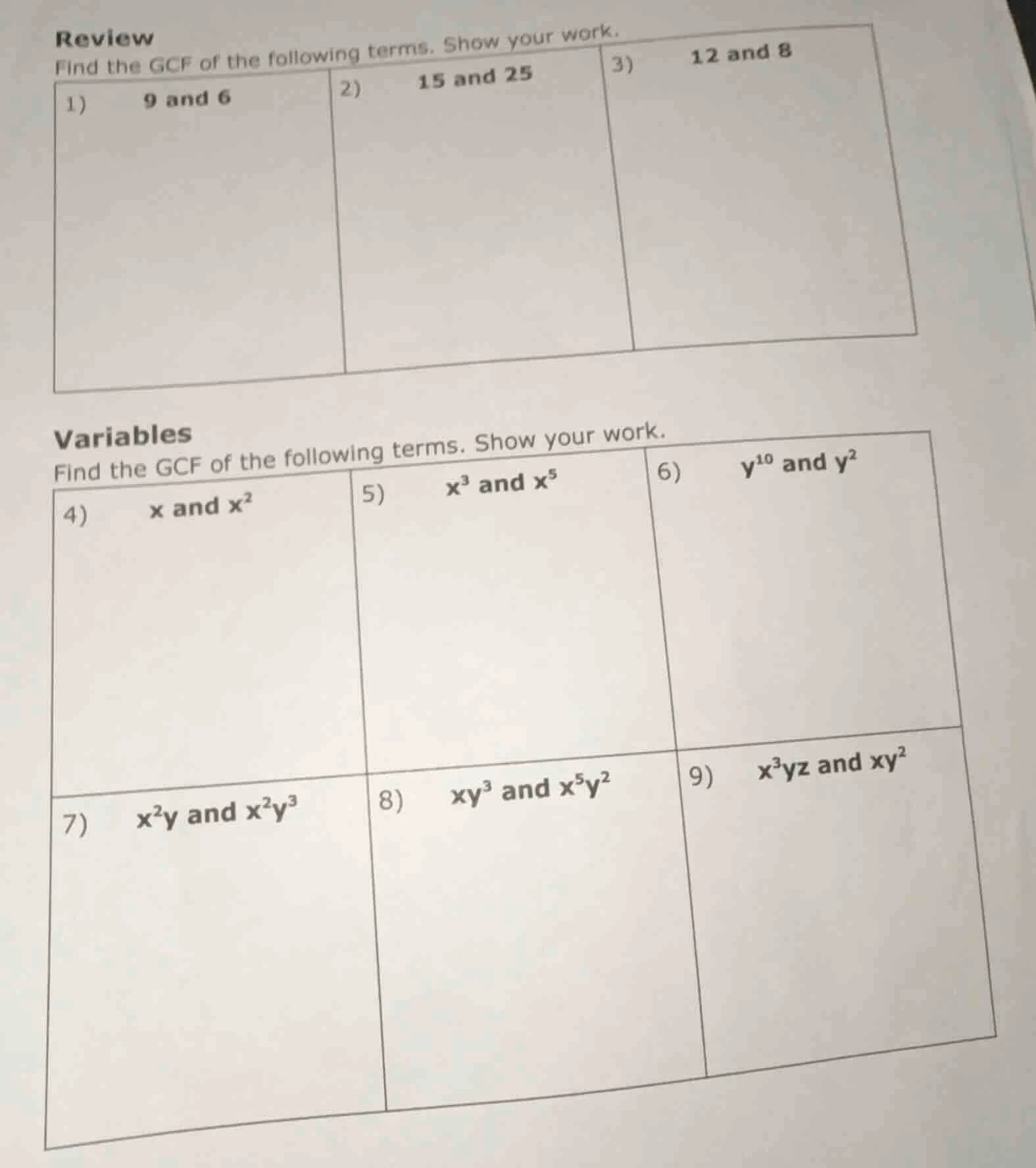 review find the gcf of the following terms. show your work. 1) 9 and 6 …