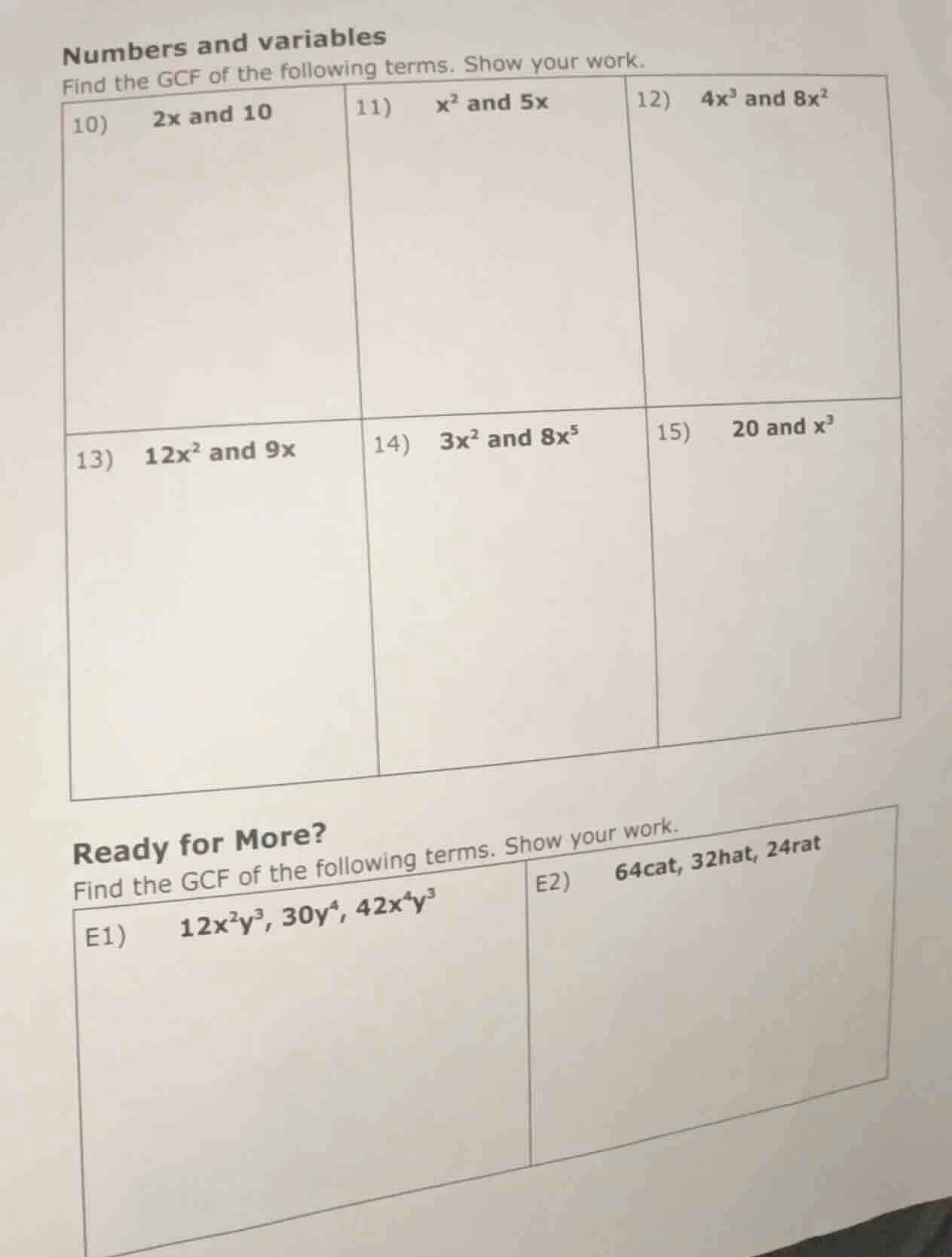 numbers and variables find the gcf of the following terms. show your wo…