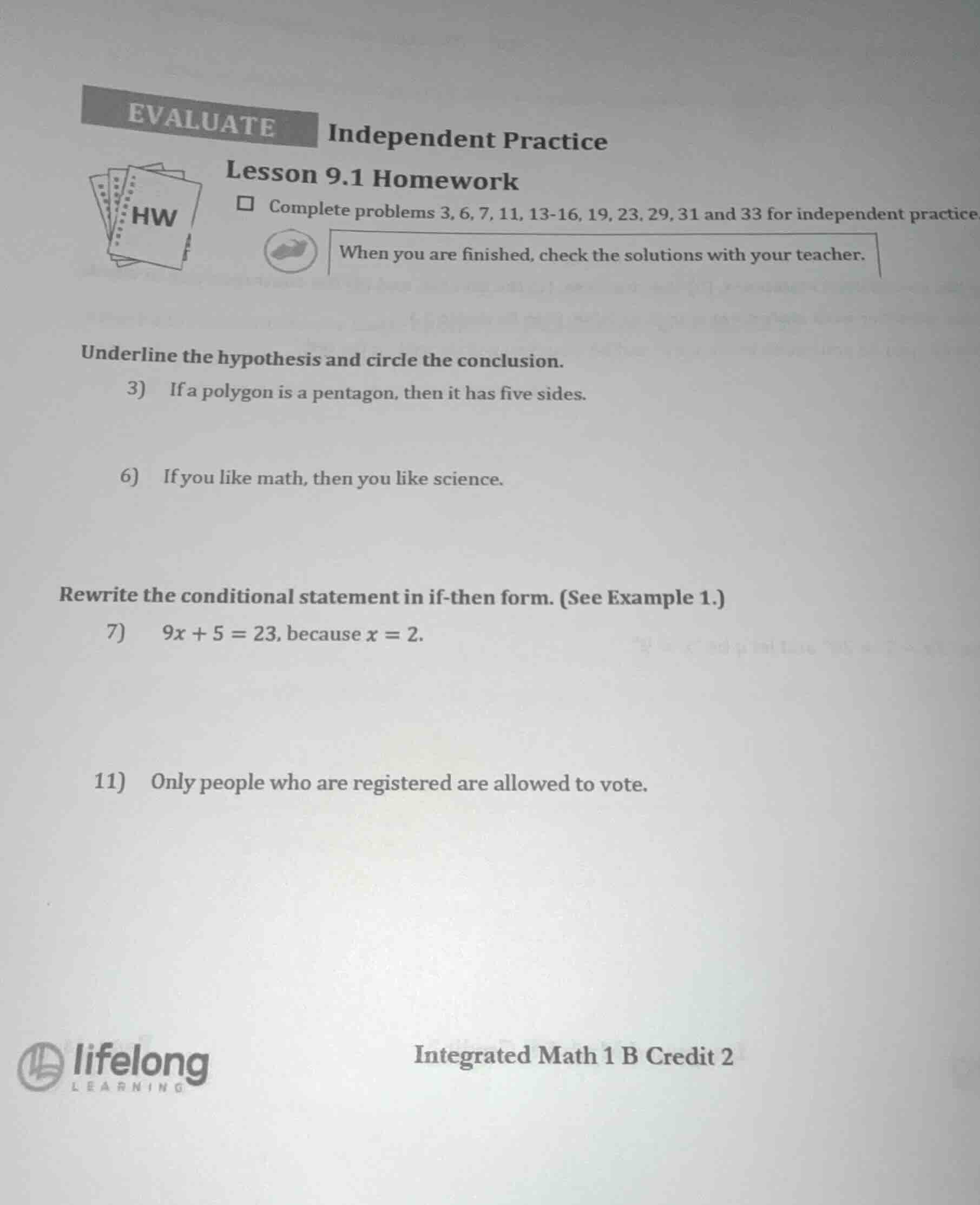 evaluate independent practice lesson 9.1 homework complete problems 3, …
