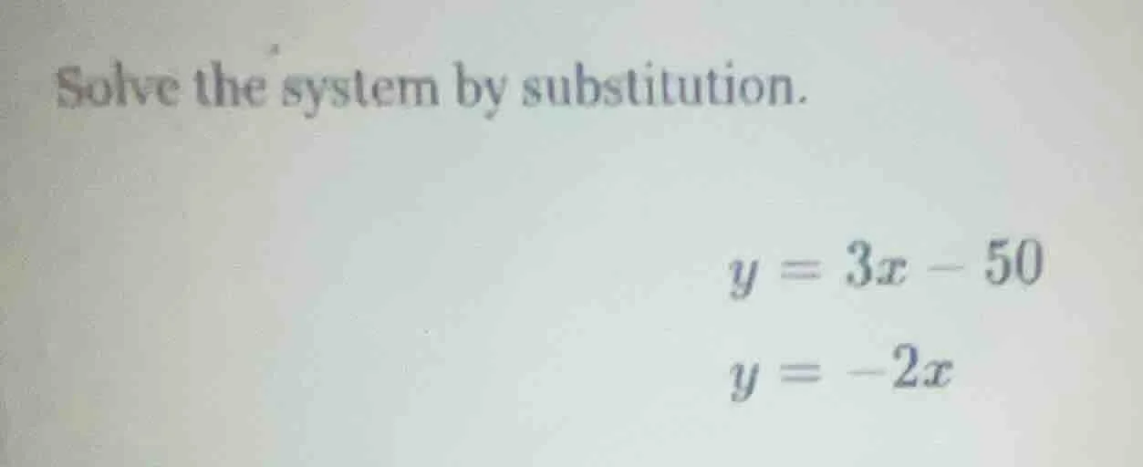 solve the system by substitution. $y = 3x - 50$ $y = -2x$