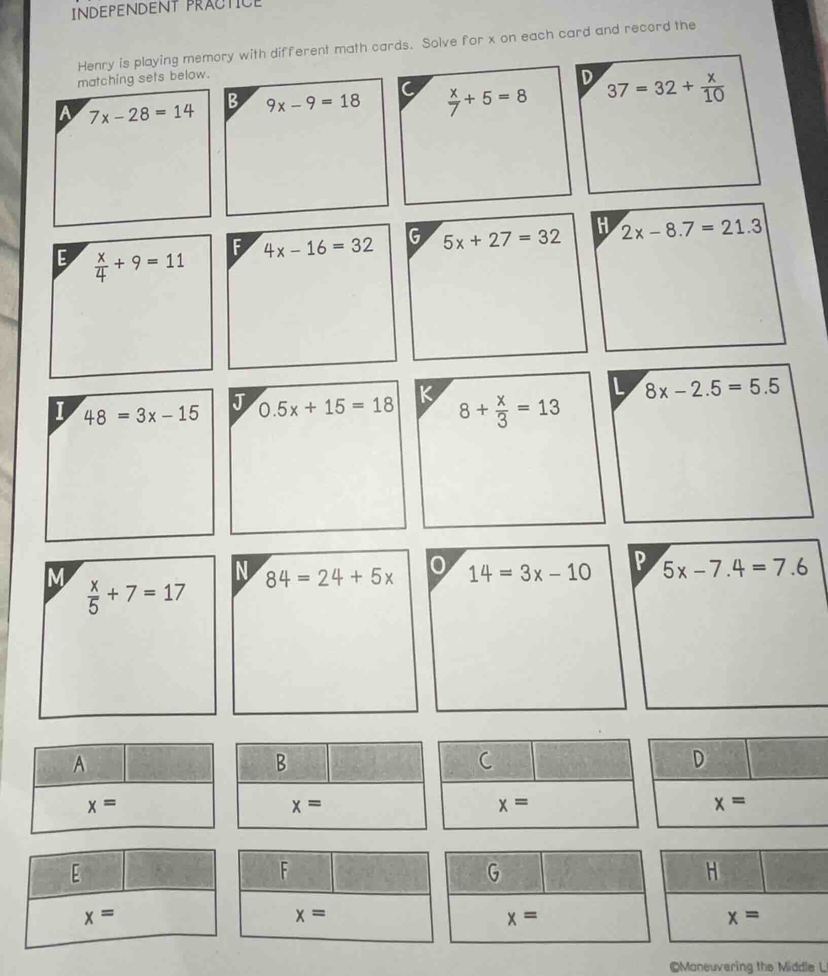 independent practice henry is playing memory with different math cards.…