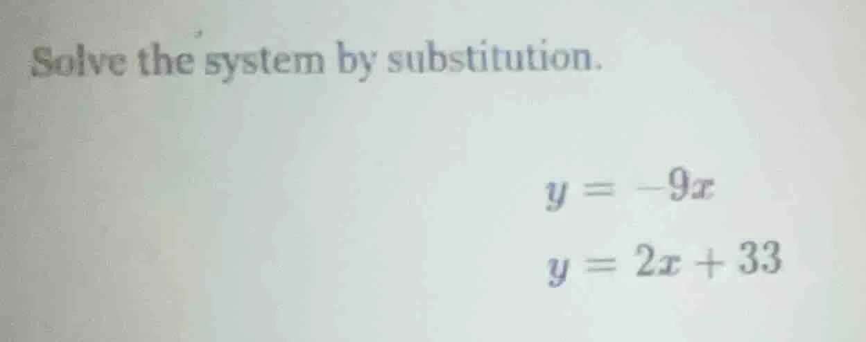 solve the system by substitution. $y = -9x$ $y = 2x + 33$