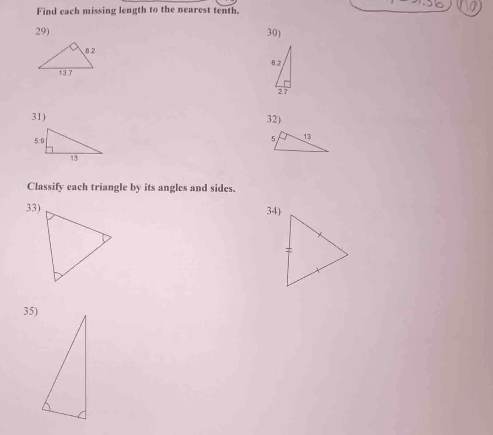 find each missing length to the nearest tenth. 29) (right triangle with…