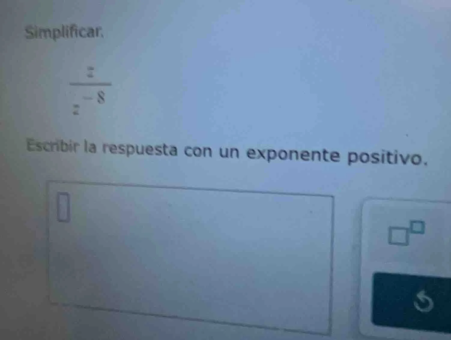 simplificar, \\frac{z}{z^{-8}} escribir la respuesta con un exponente p…