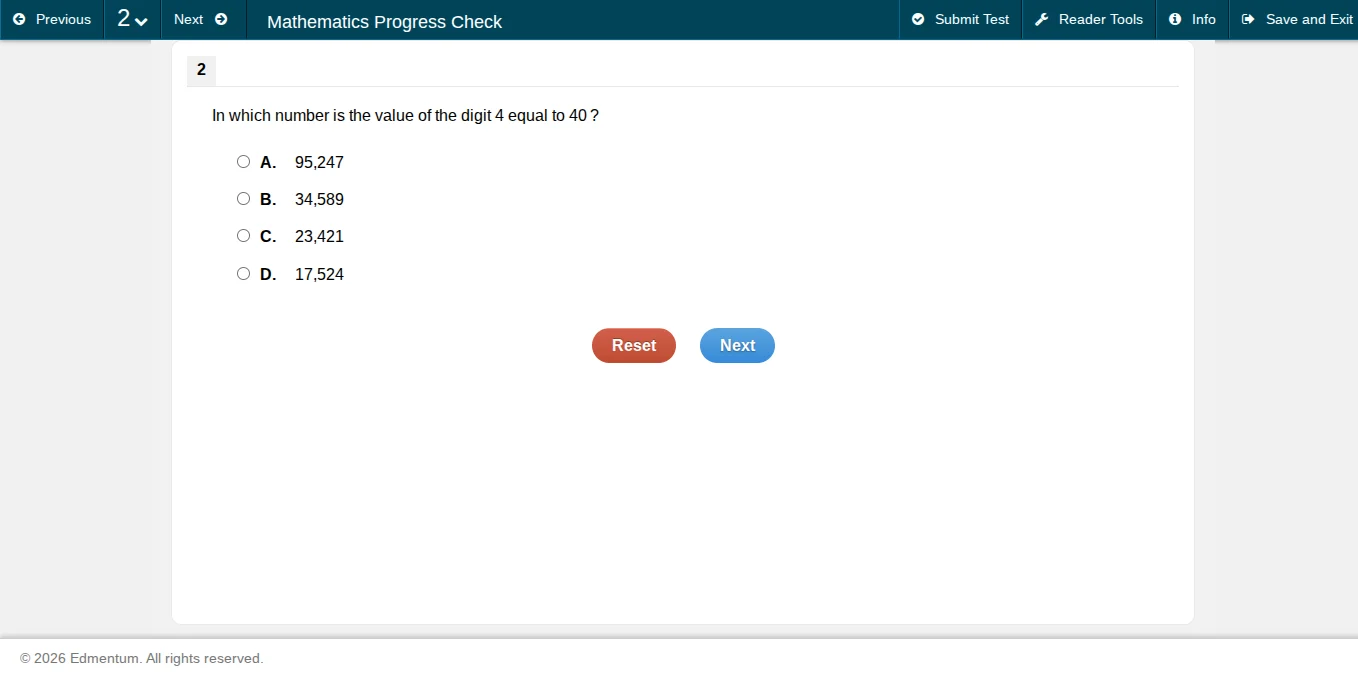 in which number is the value of the digit 4 equal to 40? a. 95,247 b. 3…