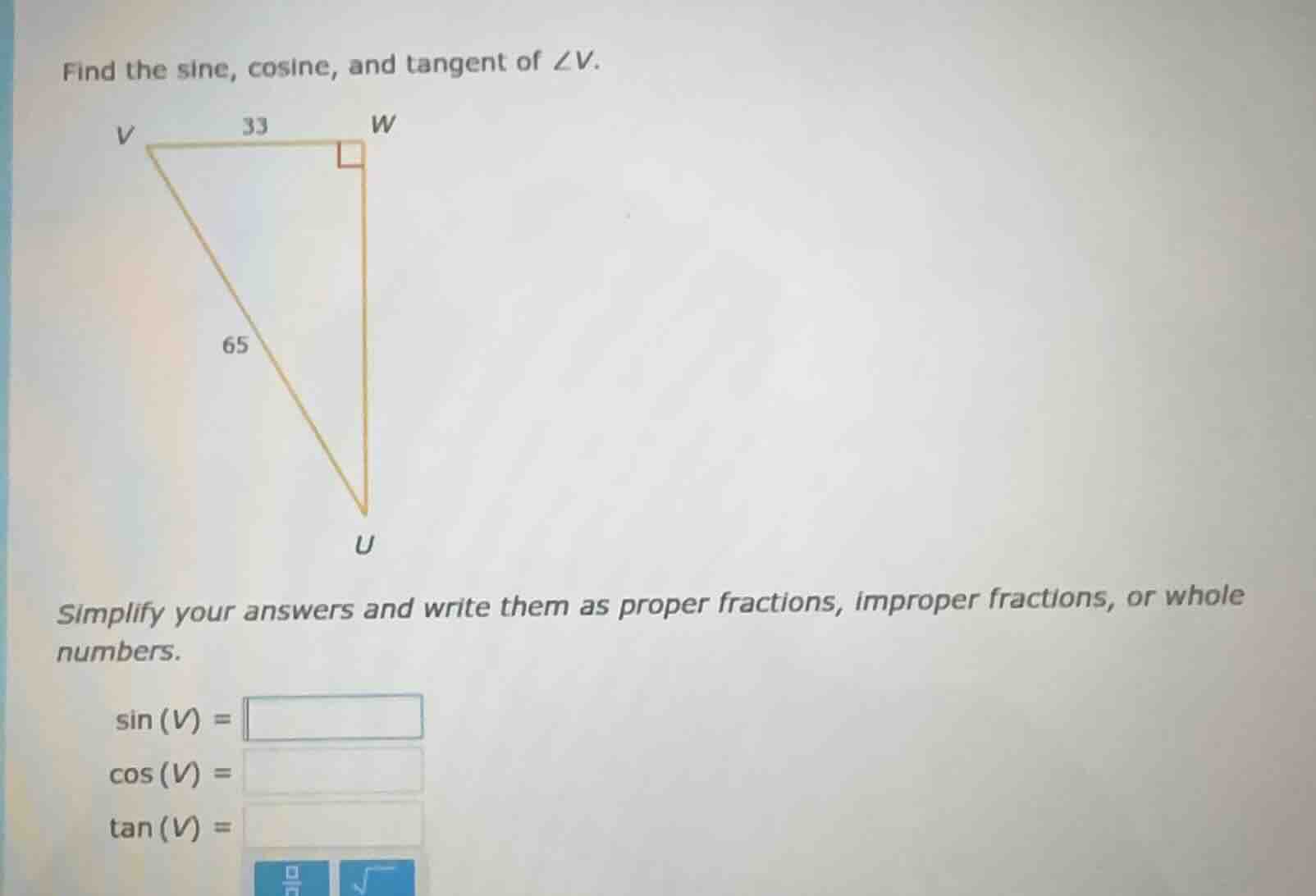find the sine, cosine, and tangent of \\( \\angle v \\). \\( v \\)---33…