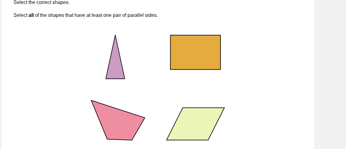 select the correct shapes. select all of the shapes that have at least …