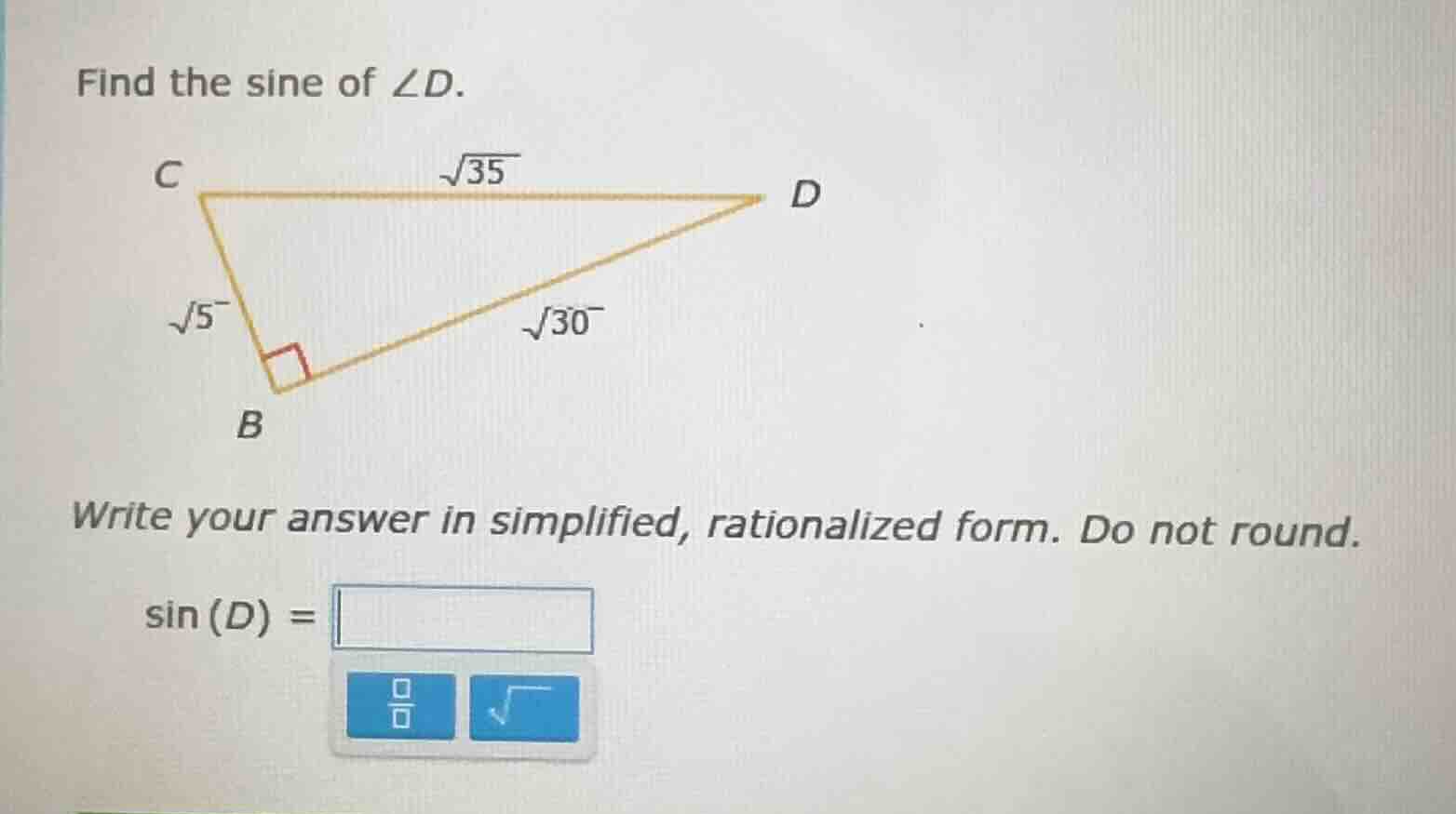 find the sine of ∠d. triangle with right angle at b, sides: bc = √5, bd…