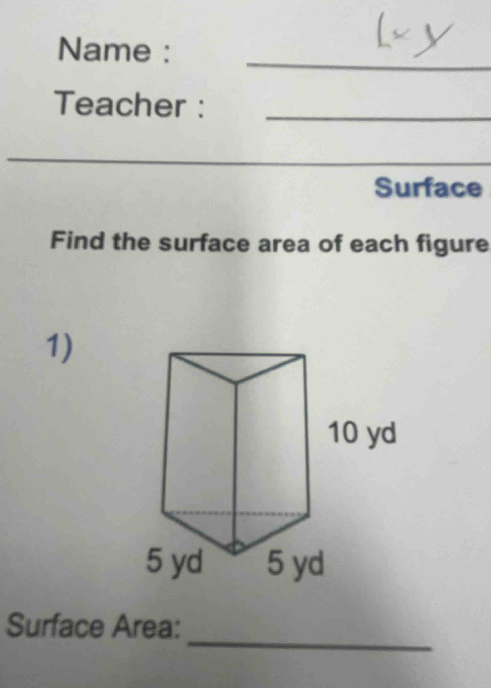 name : teacher : surface find the surface area of each figure 1) (figur…
