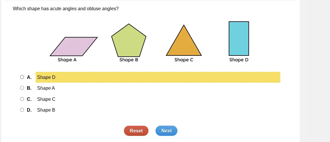 which shape has acute angles and obtuse angles? shape a shape b shape c…