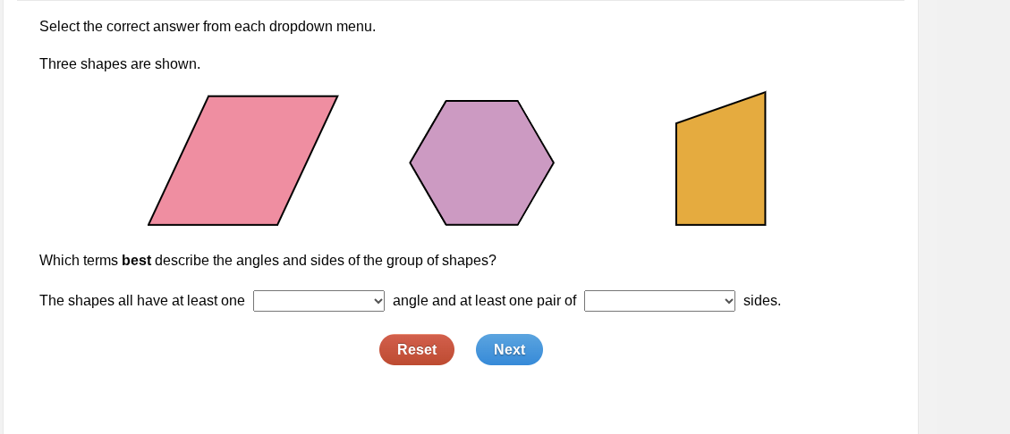 select the correct answer from each dropdown menu. three shapes are sho…