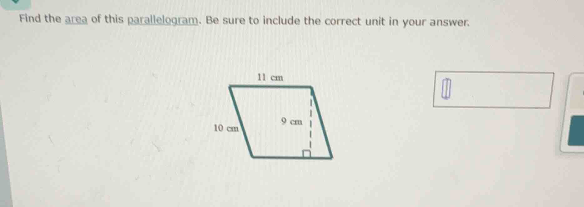 find the area of this parallelogram. be sure to include the correct uni…