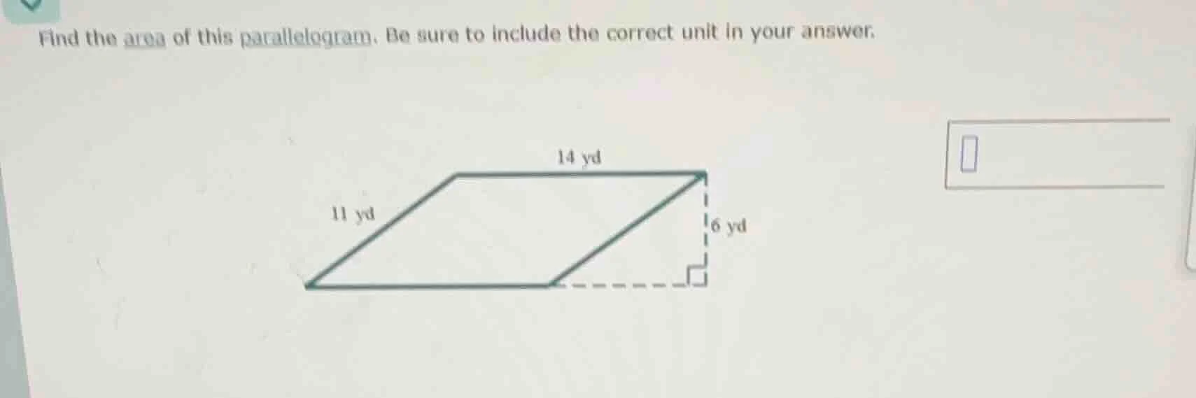 find the area of this parallelogram. be sure to include the correct uni…