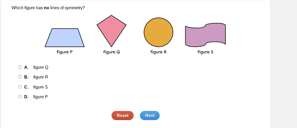 which figure has no lines of symmetry? figure p figure q figure r figur…