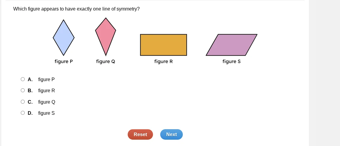 which figure appears to have exactly one line of symmetry? figure p fig…