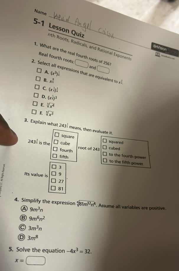 name kevin angel cash 5-1 lesson quiz nth roots, radicals, and rational…