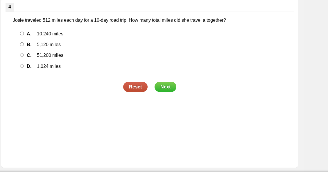 josie traveled 512 miles each day for a 10-day road trip. how many tota…