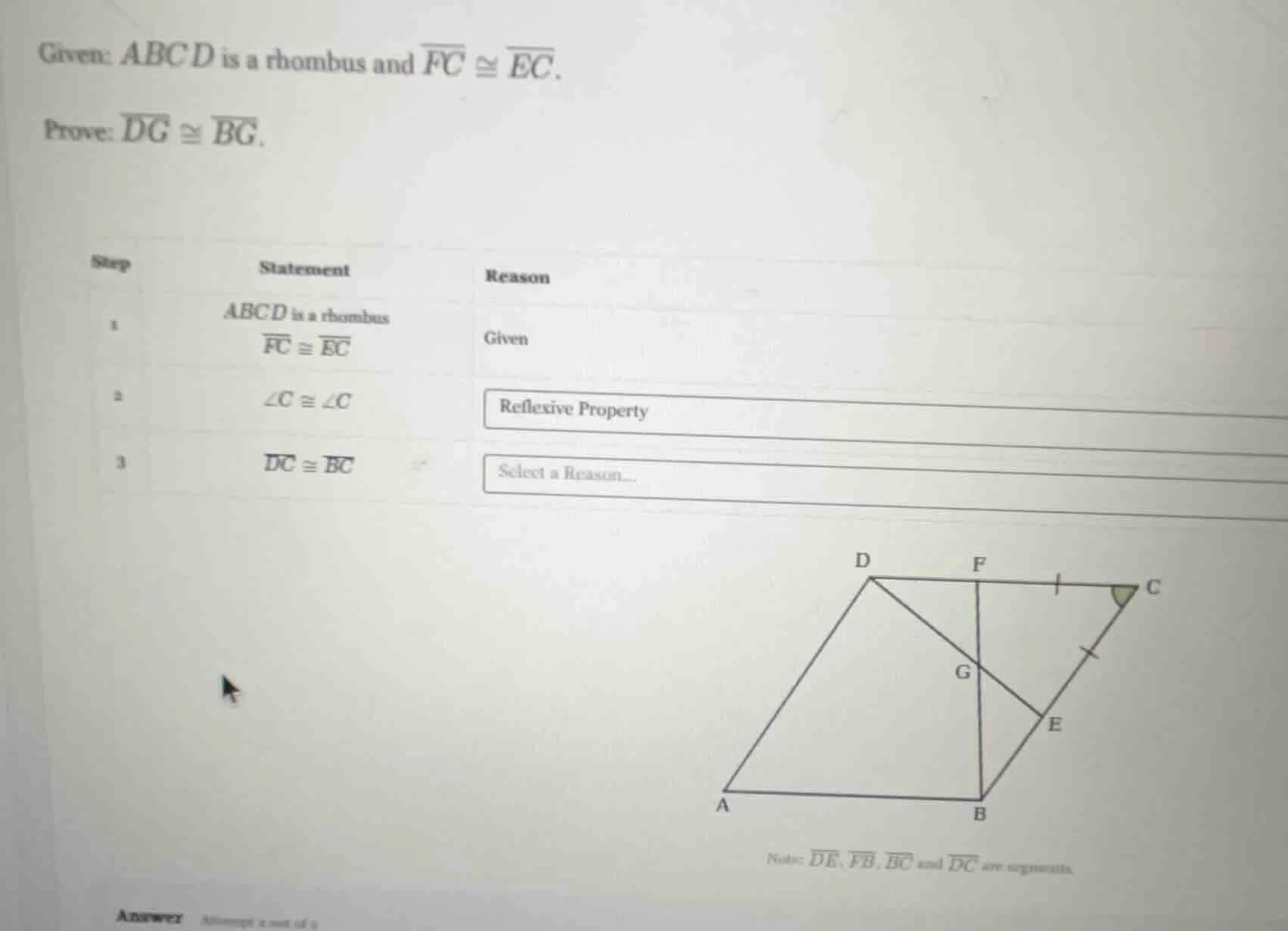 given: abcd is a rhombus and \\(\\overline{fc} \\cong \\overline{ec}\\)…