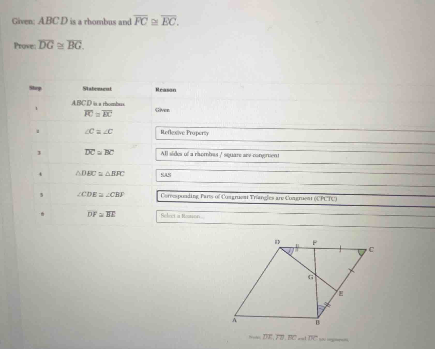 given: abcd is a rhombus and \\(\\overline{fc} \\cong \\overline{ec}\\)…