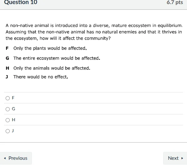 question 10 6.7 pts a non - native animal is introduced into a diverse,…