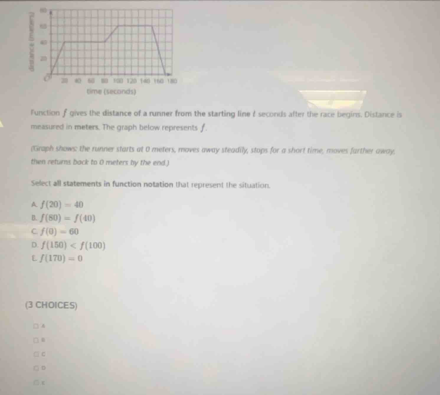 function $f$ gives the distance of a runner from the starting line $t$ …