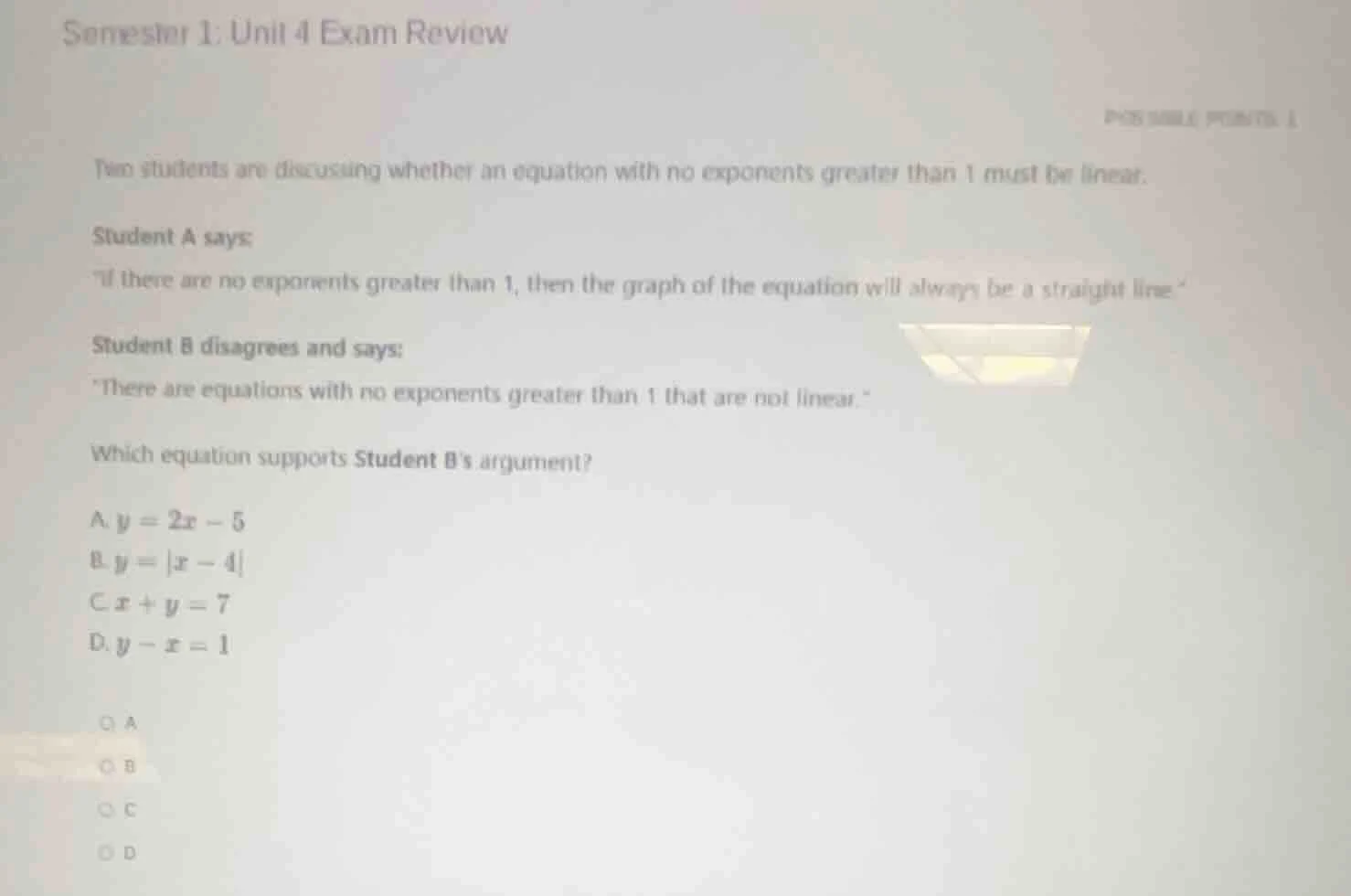 semester 1: unit 4 exam review possible points: 1 two students are disc…