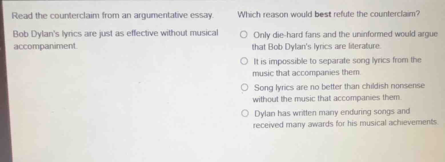 read the counterclaim from an argumentative essay. bob dylans lyrics ar…