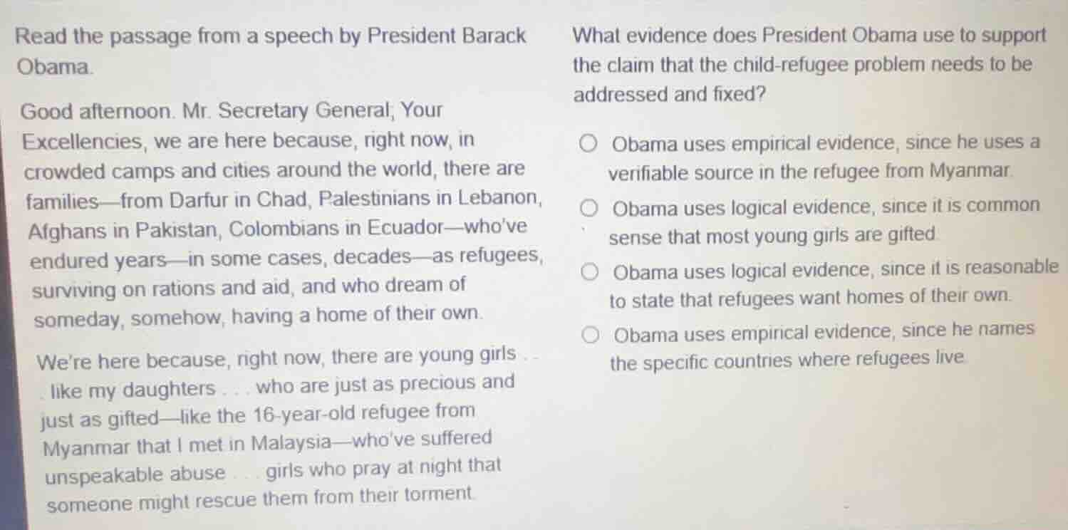 read the passage from a speech by president barack obama. good afternoo…