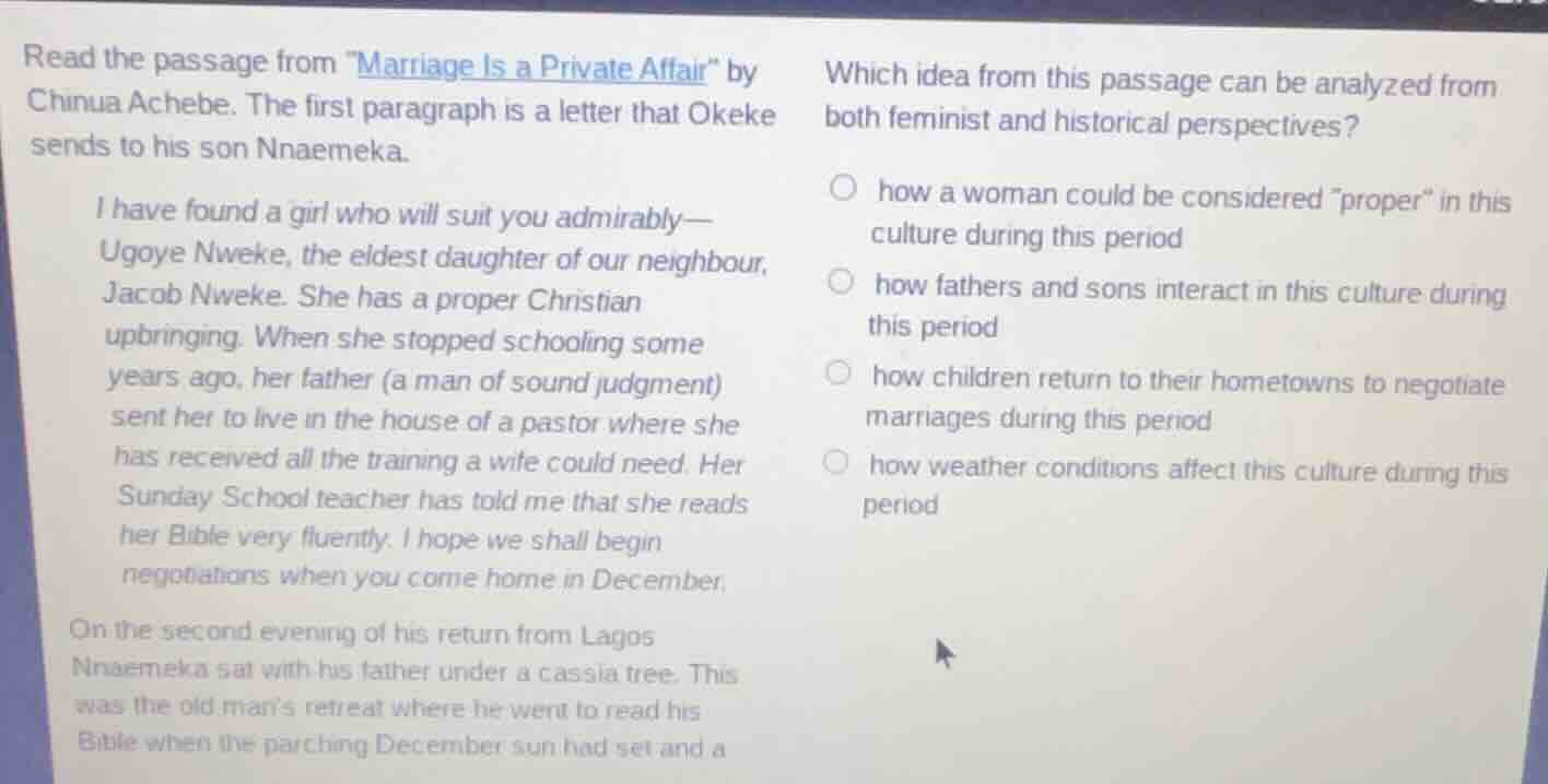 read the passage from \marriage is a private affair\ by chinua achebe. …